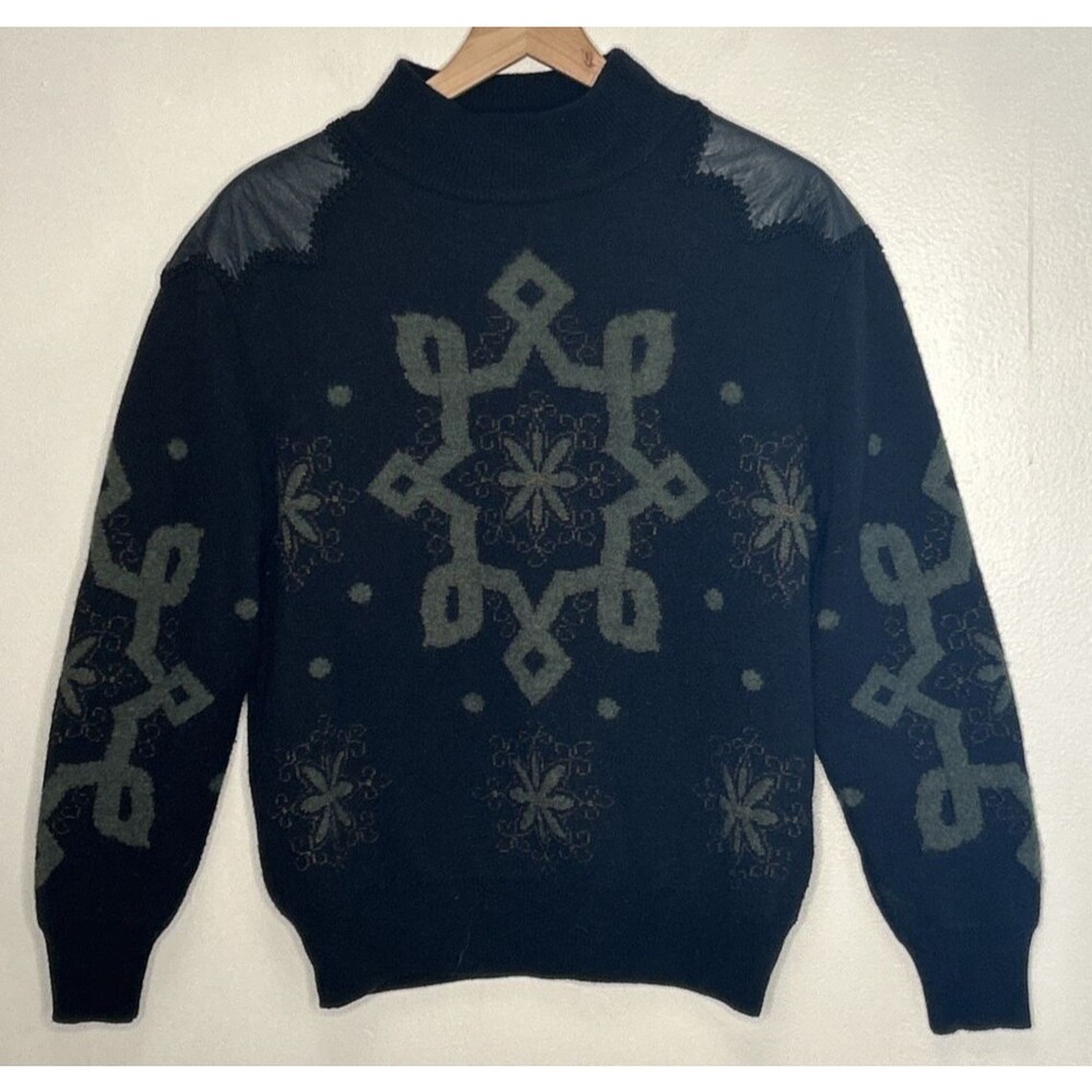 Vintage Torras Knit Spain Sweater Mens 42 Wool Leather Mock Neck 1980 Black Gray